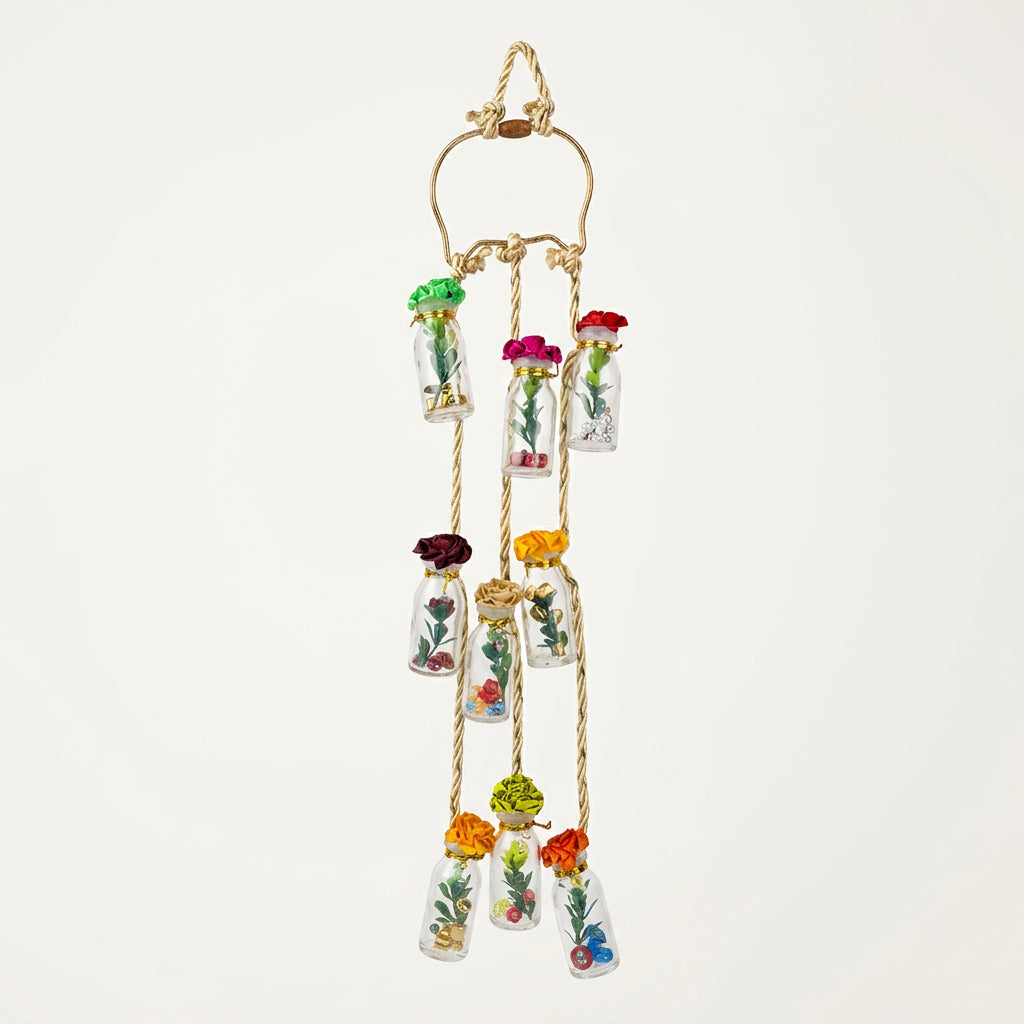 Handmade vertical hanging decoration made of recycled mini glass bottles and golden rope.