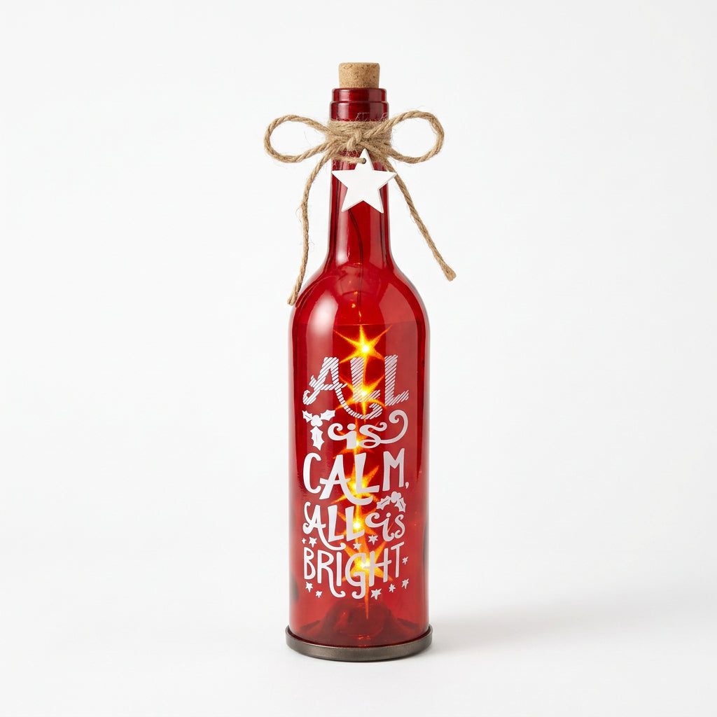 Red Glass Bottle with printed “All is Calm, All is Bright” with LED Starry String Lights inside