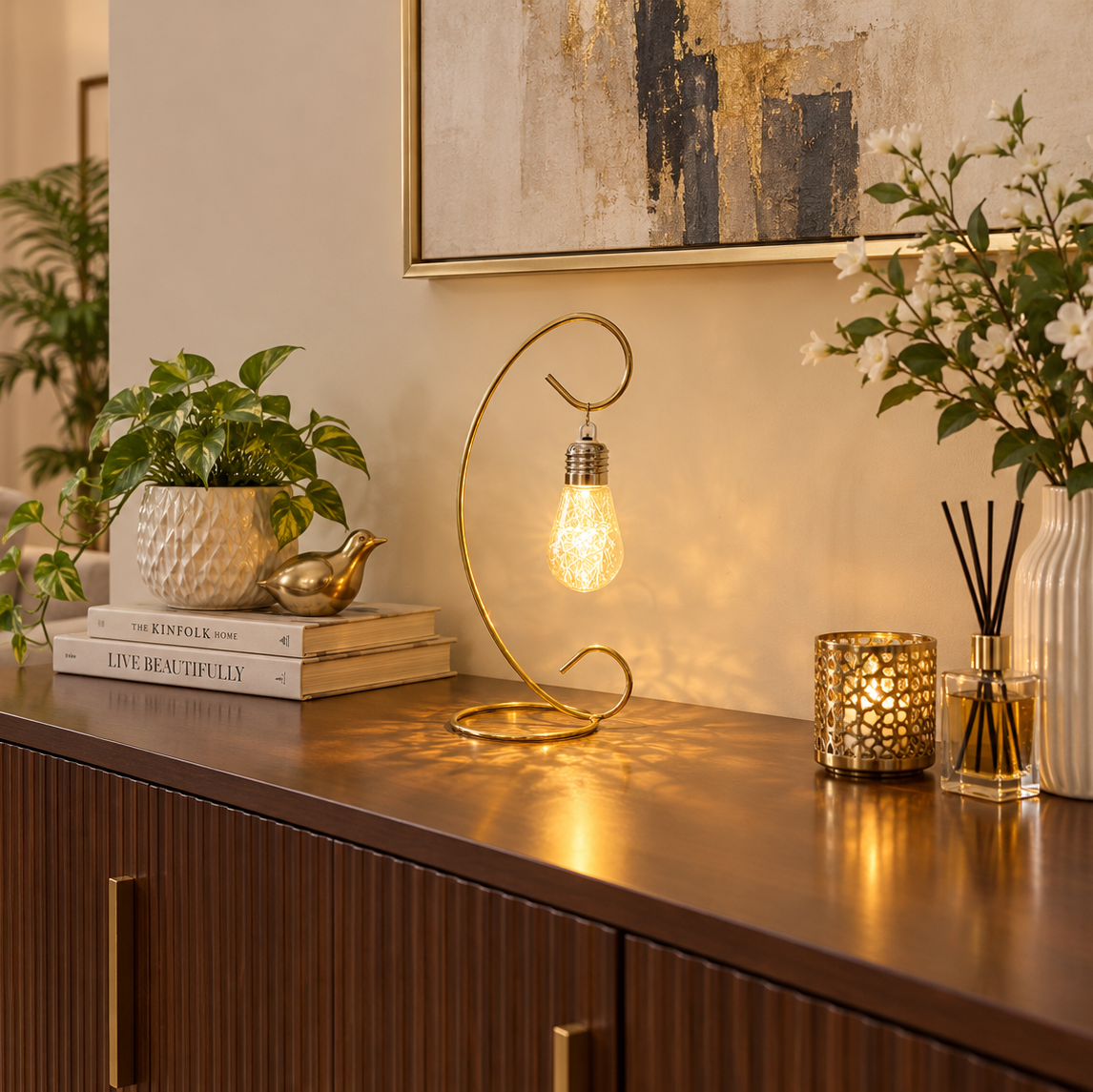 An elegant LED Bulb filled with light-reflecting filaments hanged on a golden curved metal stand