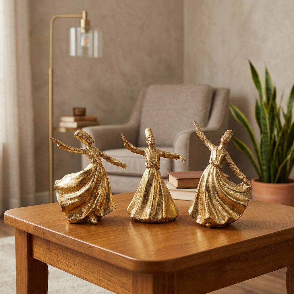 3-Pcs Set of Golden Resin Statues of Dancing Sufis