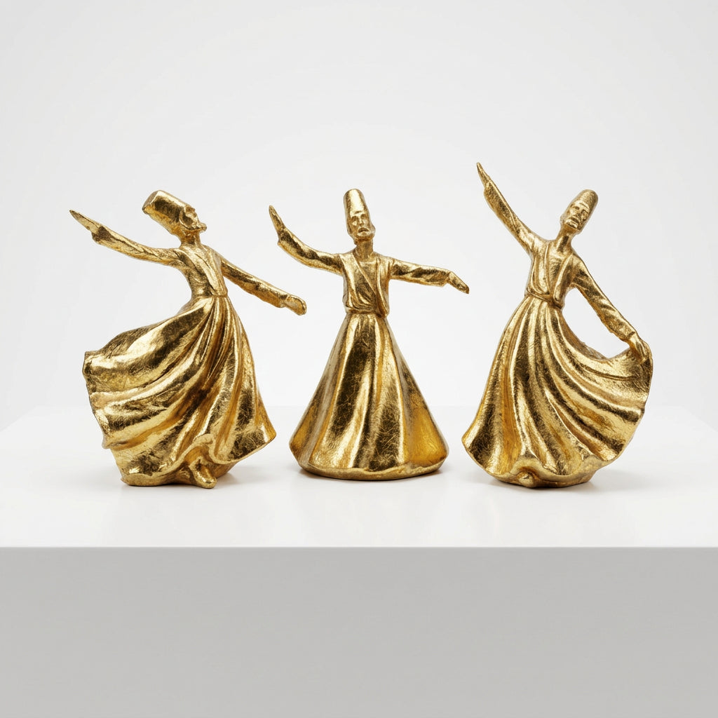 3-Pcs Set of Golden Resin Statues of Dancing Sufis