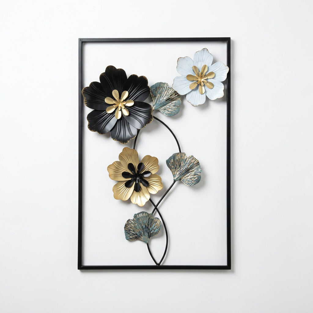 Imported 3D metallic black, white and golden metal flowers with decorative ginkgo leaf accents inside a black rectangular metal frame
