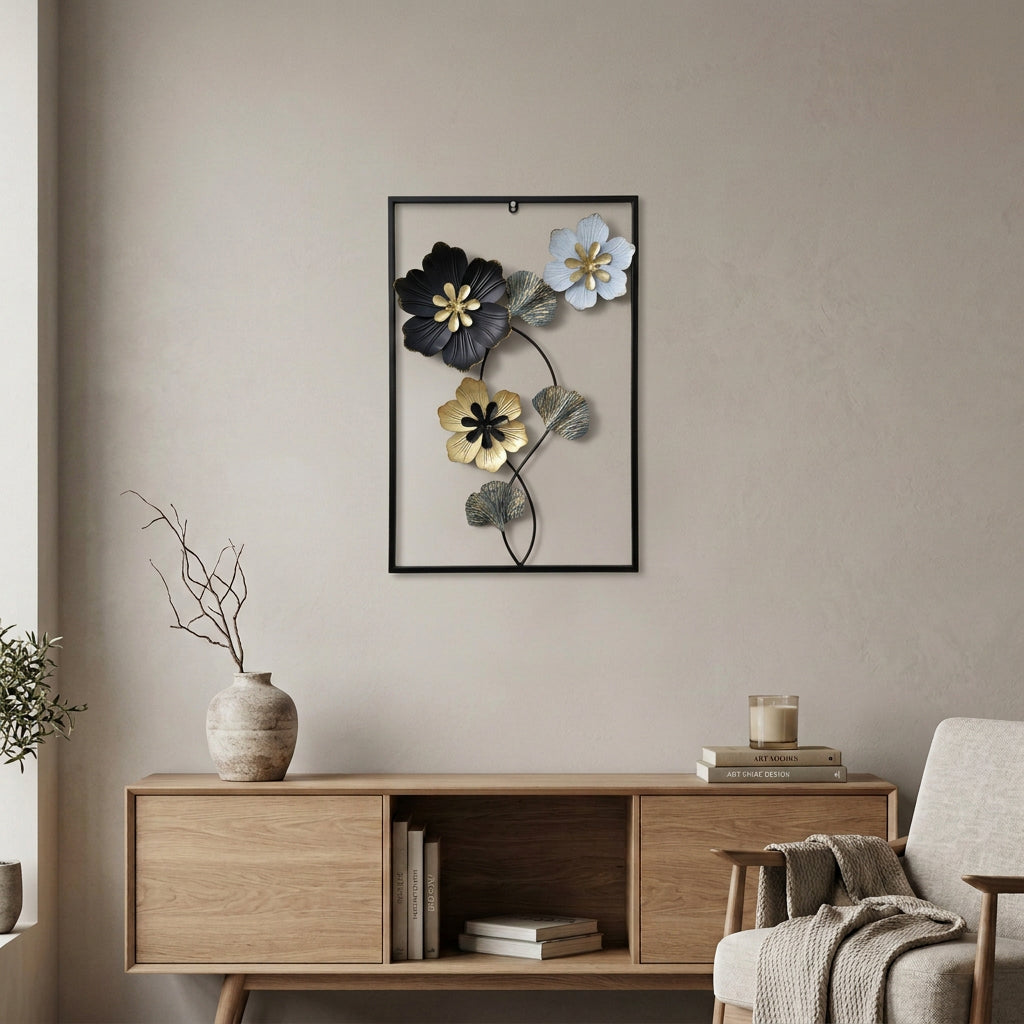 Imported 3D metallic black, white and golden metal flowers with decorative ginkgo leaf accents inside a black rectangular metal frame