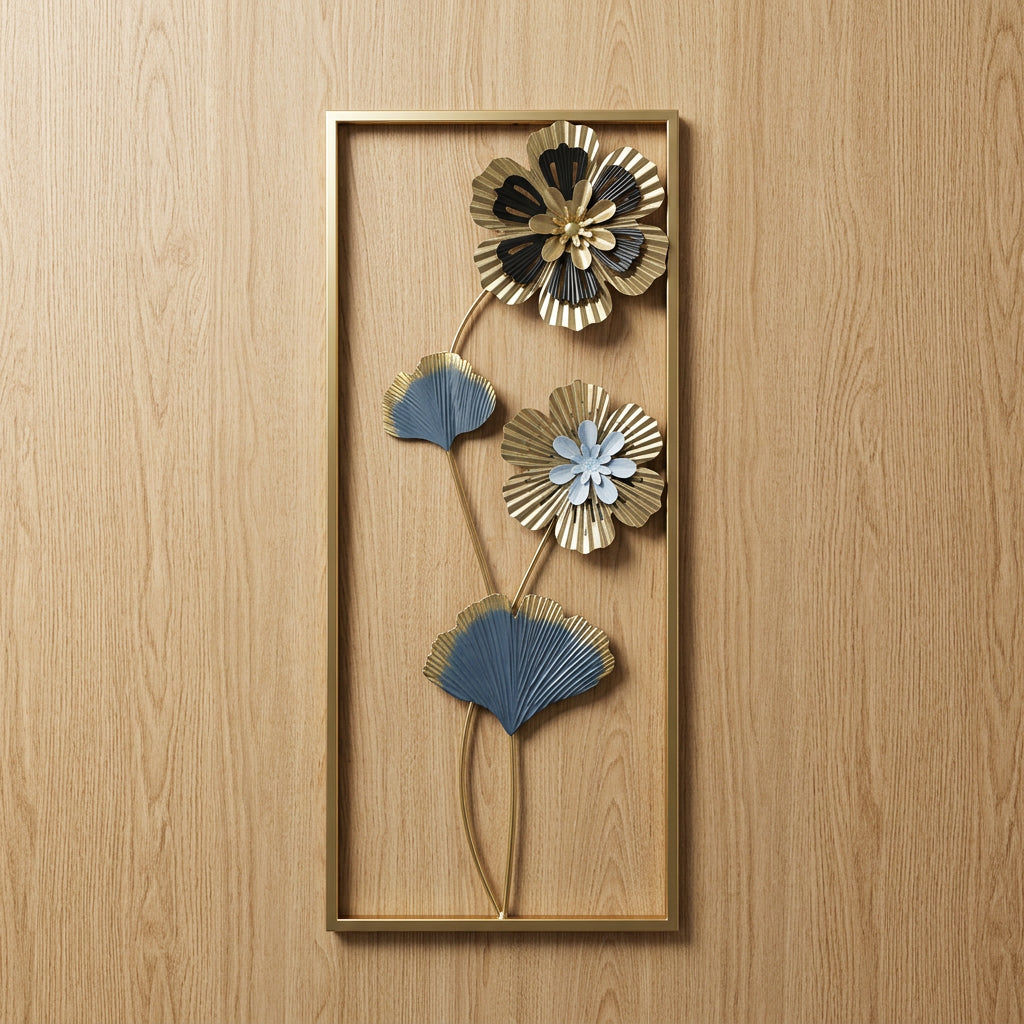 Imported 3D rectangular Metal Flower Wall Art Frame featuring gold wire stems, gold and dark blue/black floral motifs, and a rectangular gold metal border