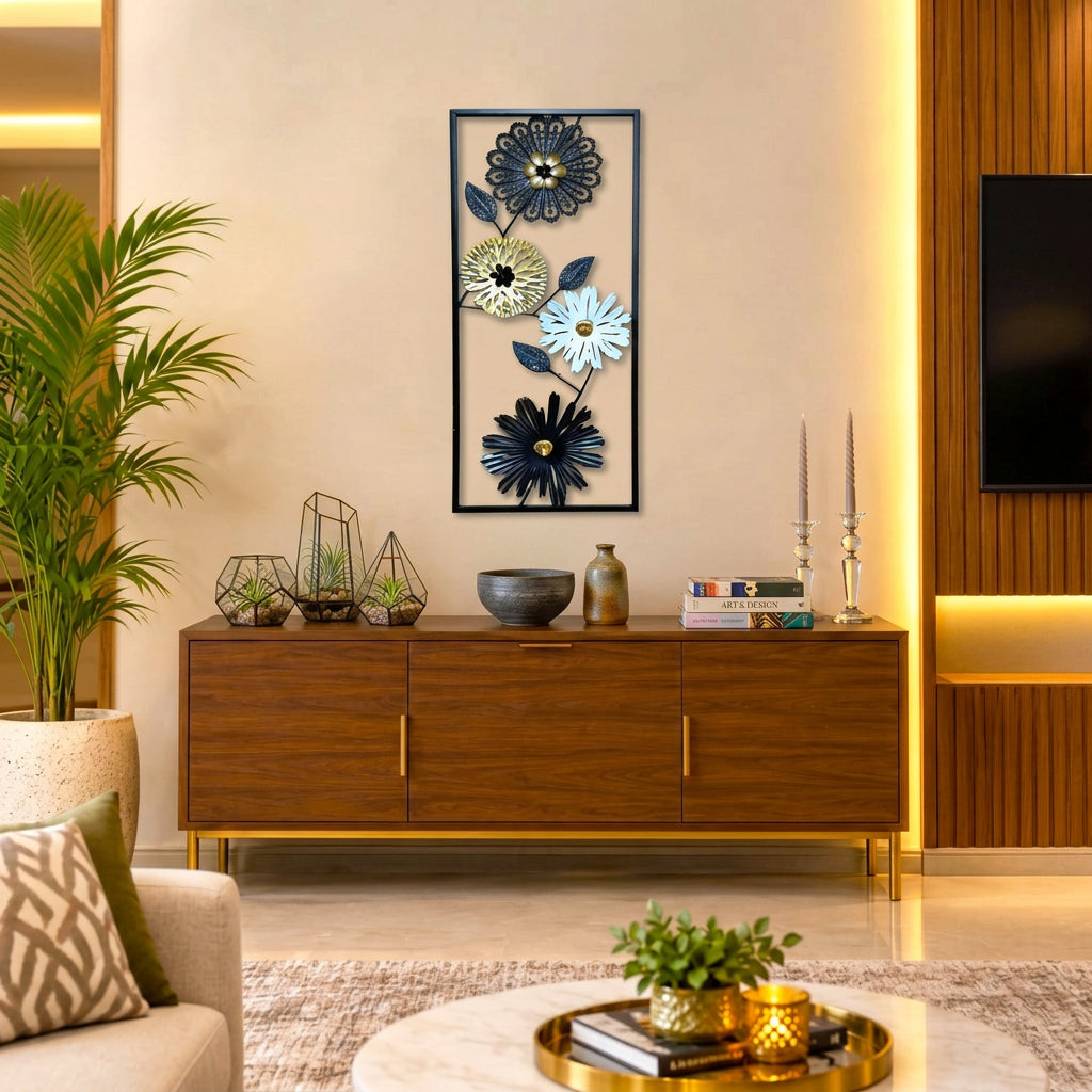 Imported 3D rectangular metal floral wall art frame featuring layered black, gold, and white flowers inside a black rectangular frame