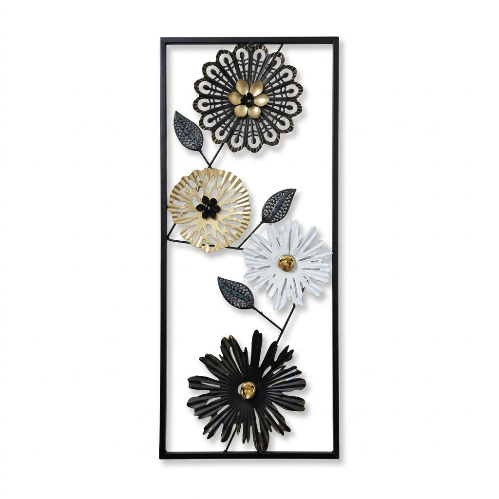 Imported 3D rectangular metal floral wall art frame featuring layered black, gold, and white flowers inside a black rectangular frame