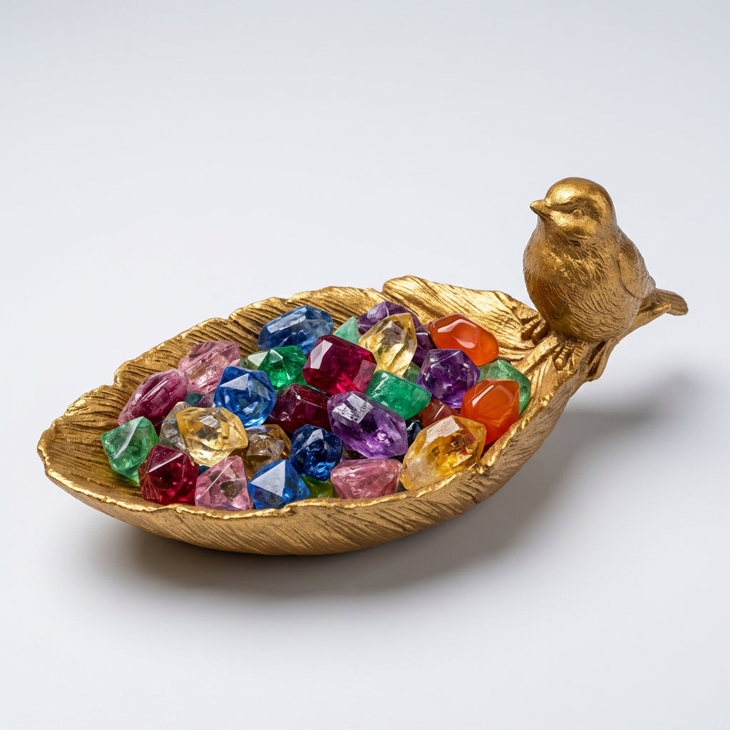 Golden Resin decorative leaf shaped tray with a small golden sparrow perched on the side, filled with colorful faux Crystal Gems
