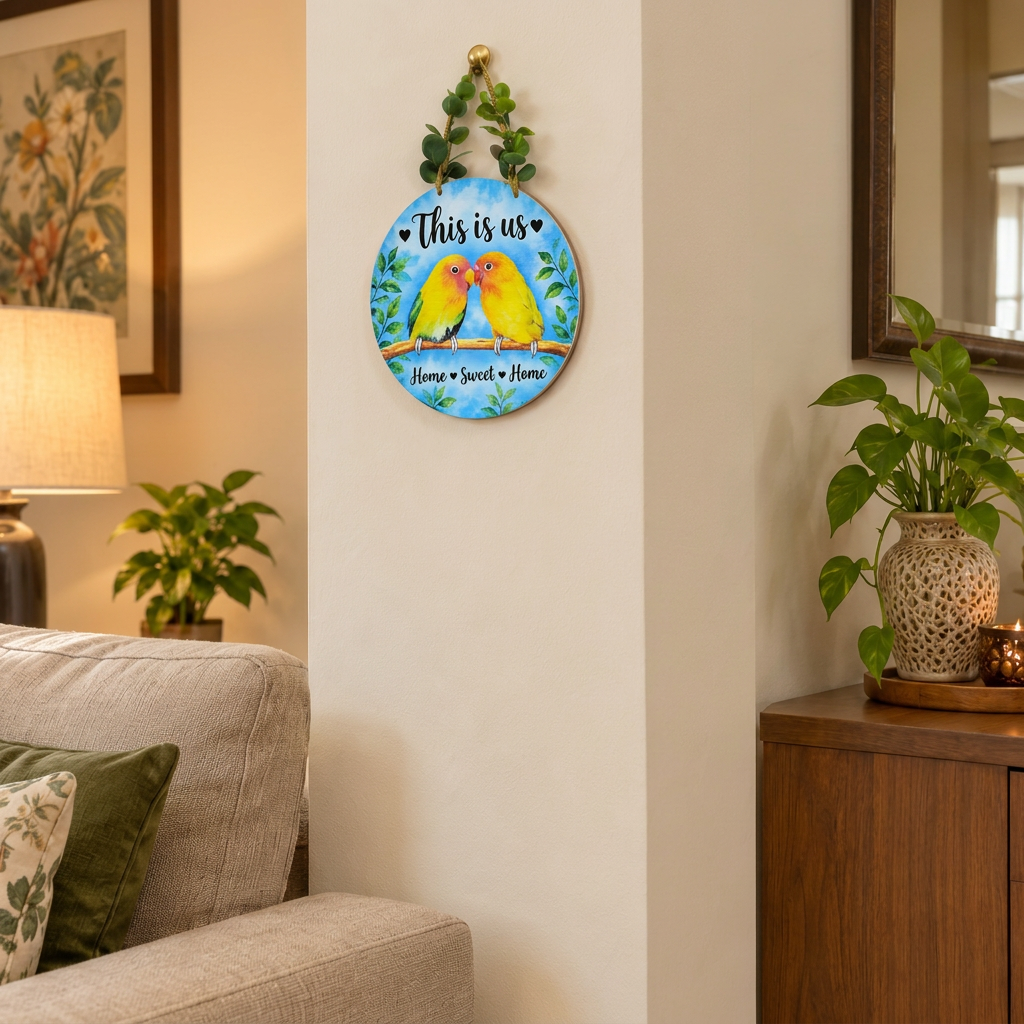Round, decorative wooden MDF wall and door hanging featuring an illustration of lovebirds
