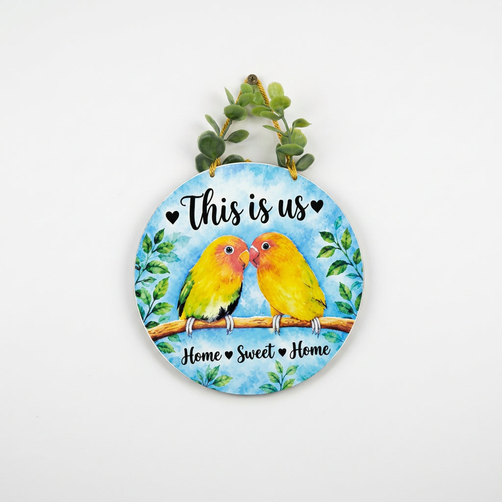Round, decorative wooden MDF wall and door hanging featuring an illustration of lovebirds