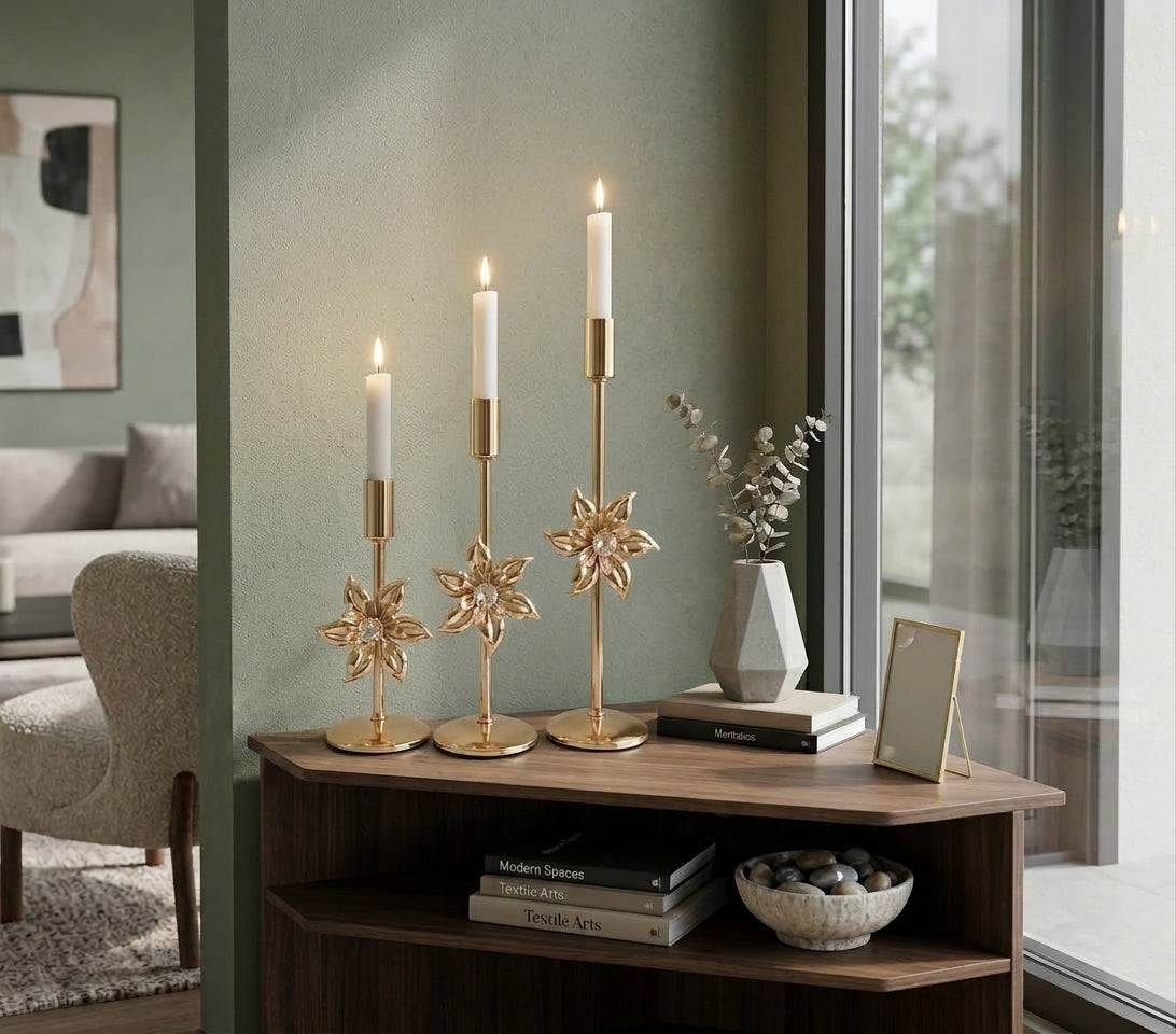 Set of 3 Golden Metallic Crystal lotus flower-shaped Candle Holders (without Candles)