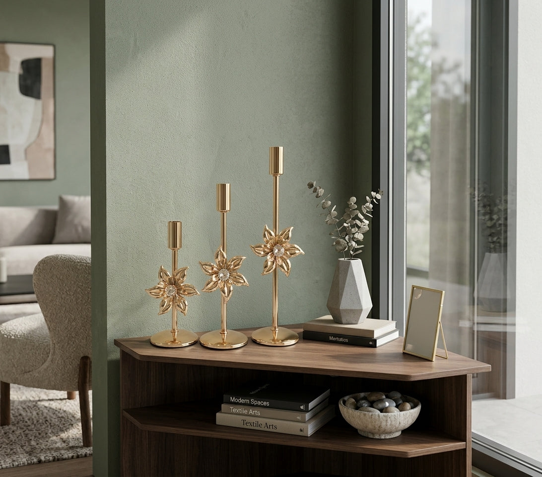 Set of 3 Golden Metallic Crystal lotus flower-shaped Candle Holders (without Candles)