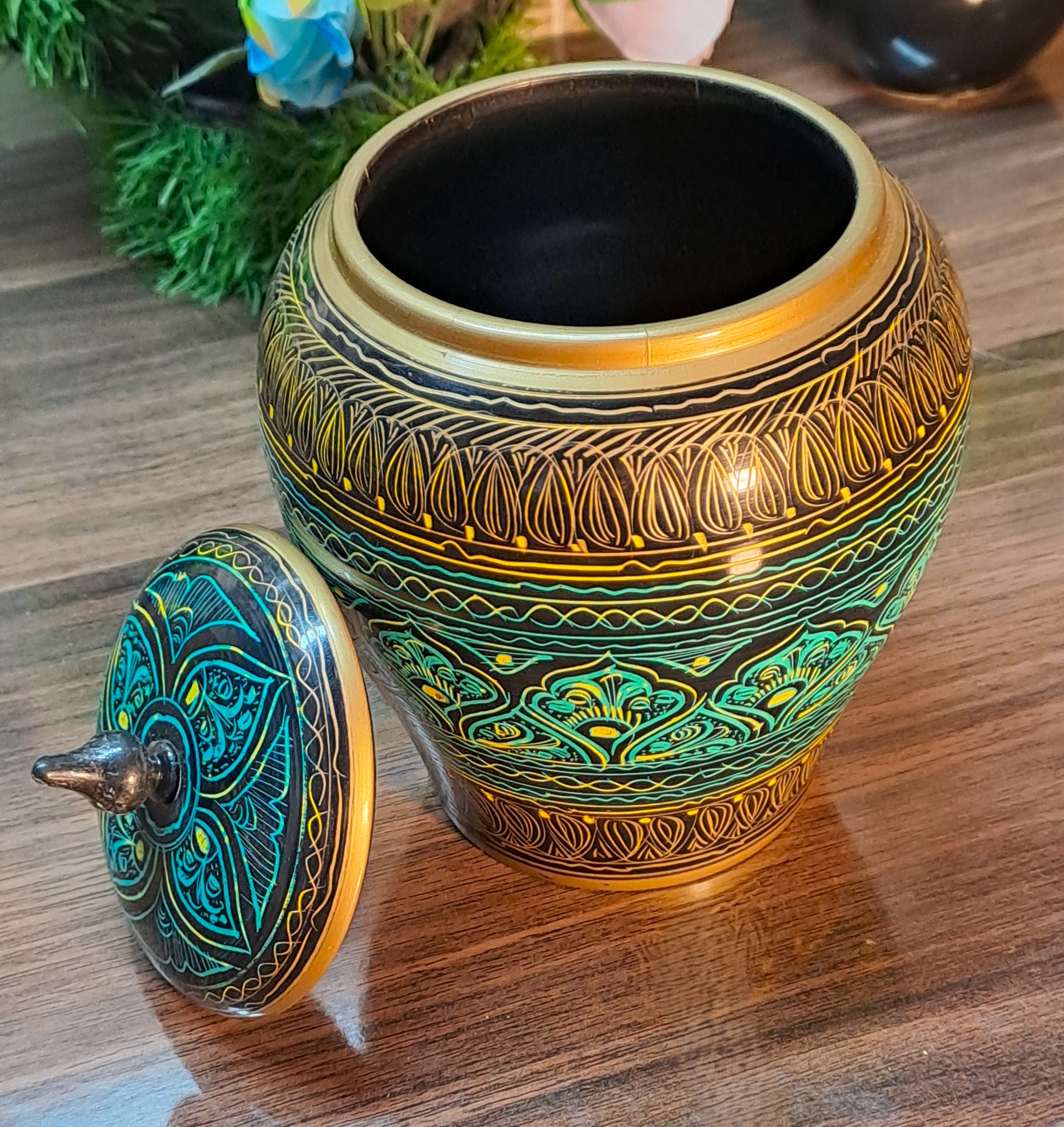 Turquoise-Black Wooden Artistic Naqshi Candy Jar