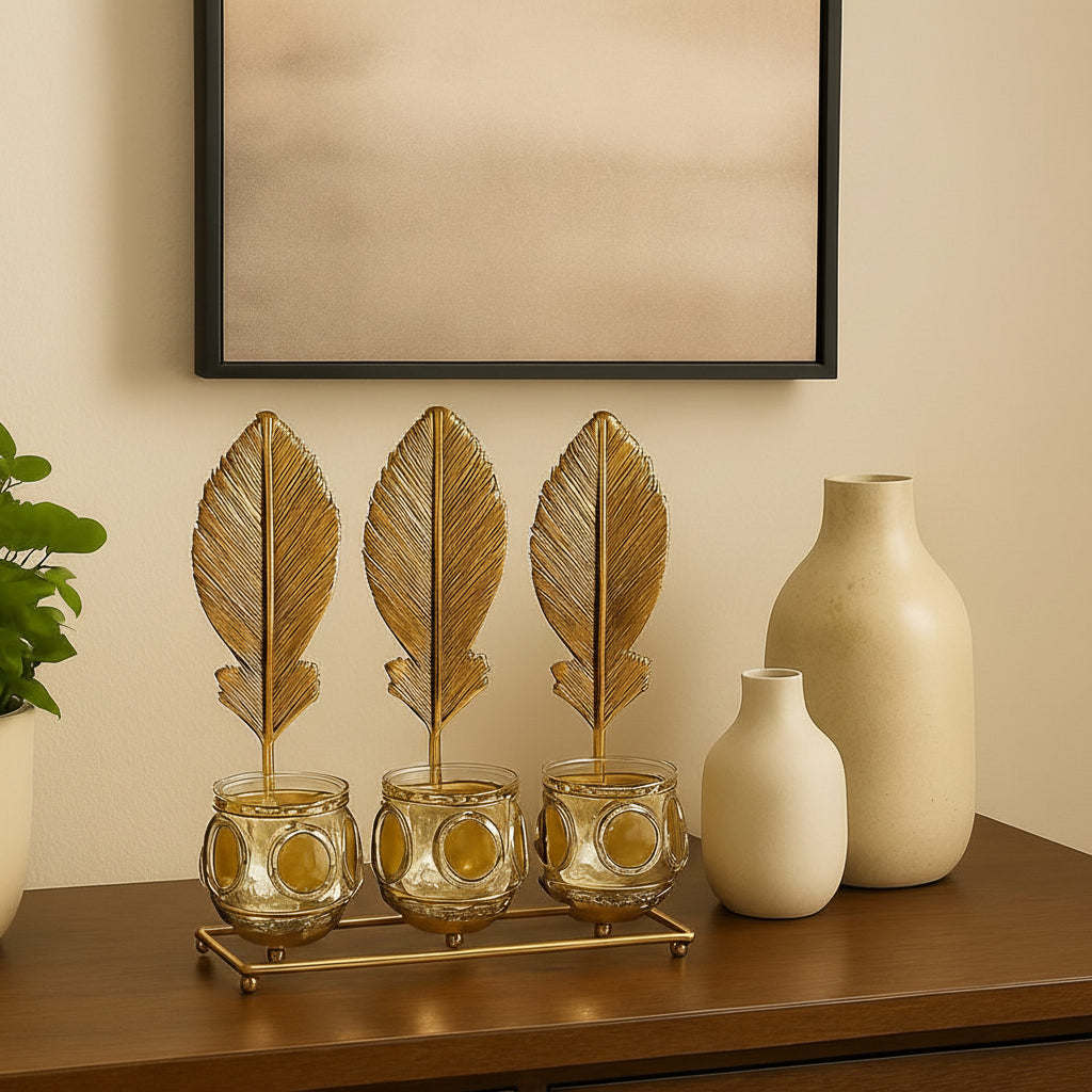 Golden Leaf Shape Candle Holders Set