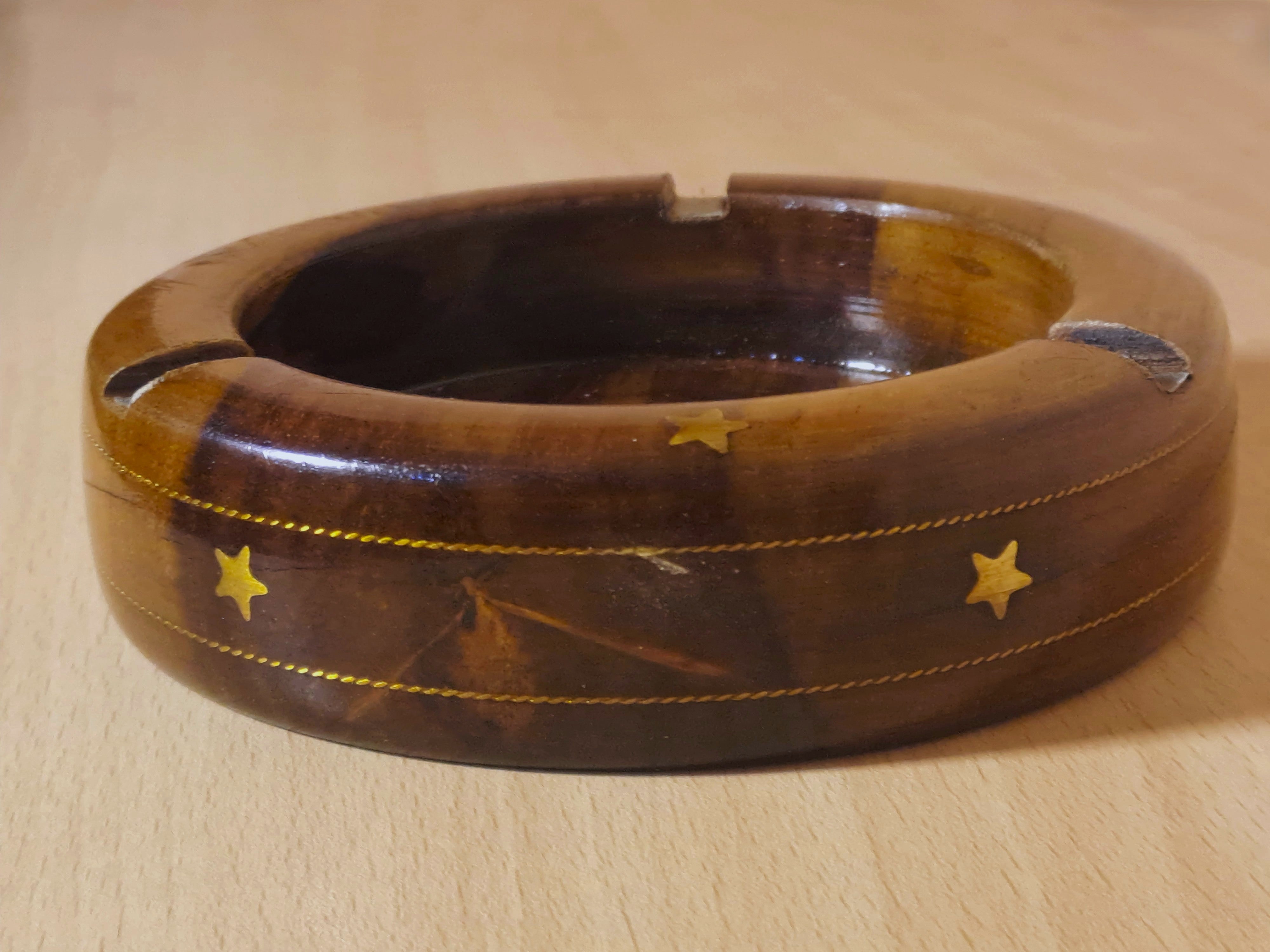 Round Wooden Ashtray with Metallic Disc at Center