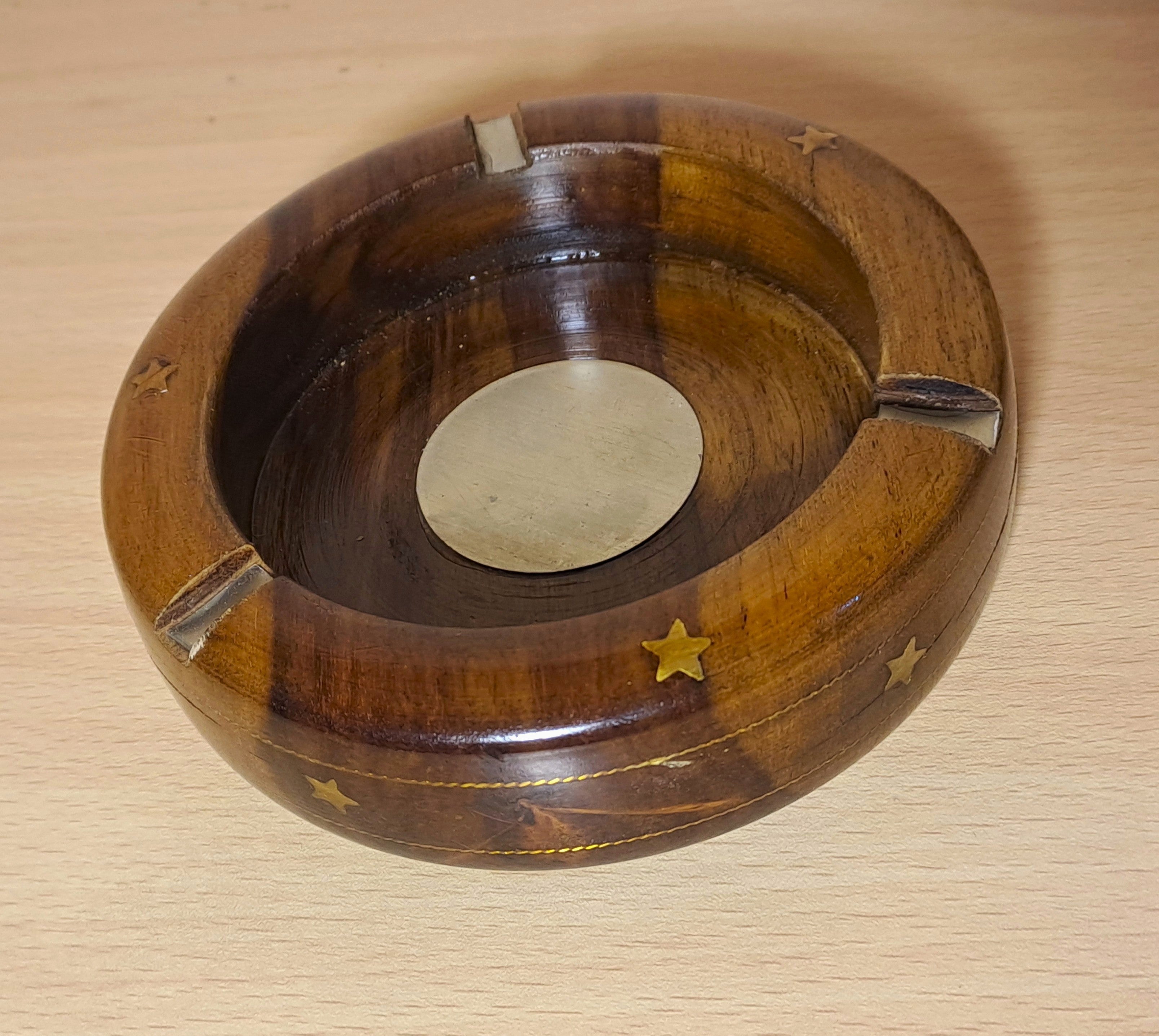Round Wooden Ashtray with Metallic Disc at Center