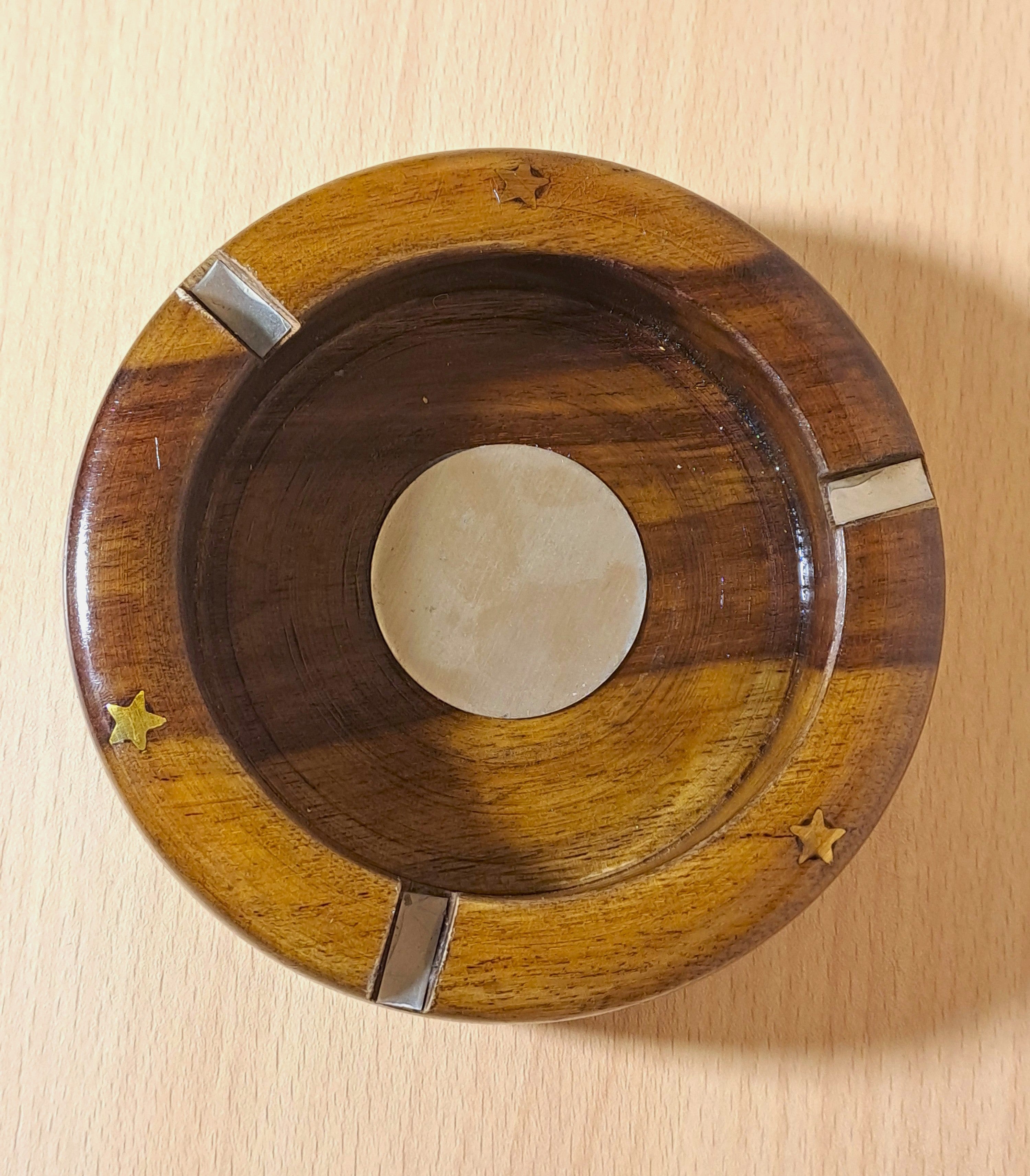 Round Wooden Ashtray with Metallic Disc at Center
