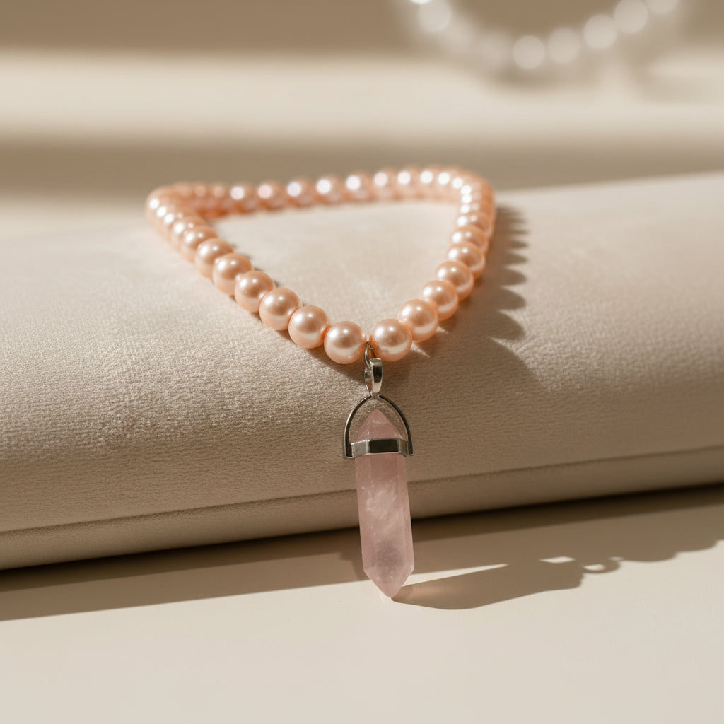 Peach Pearls Necklace with Hexagonal Column Marble Charm in Gift Packing