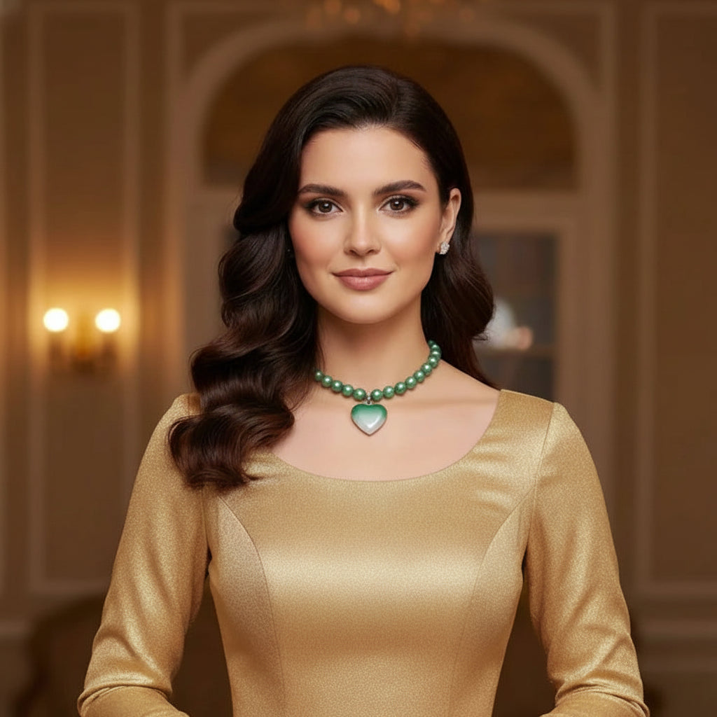 Emerald Green Pearls Necklace with Heart Shape Marble Charm in Gift Packing