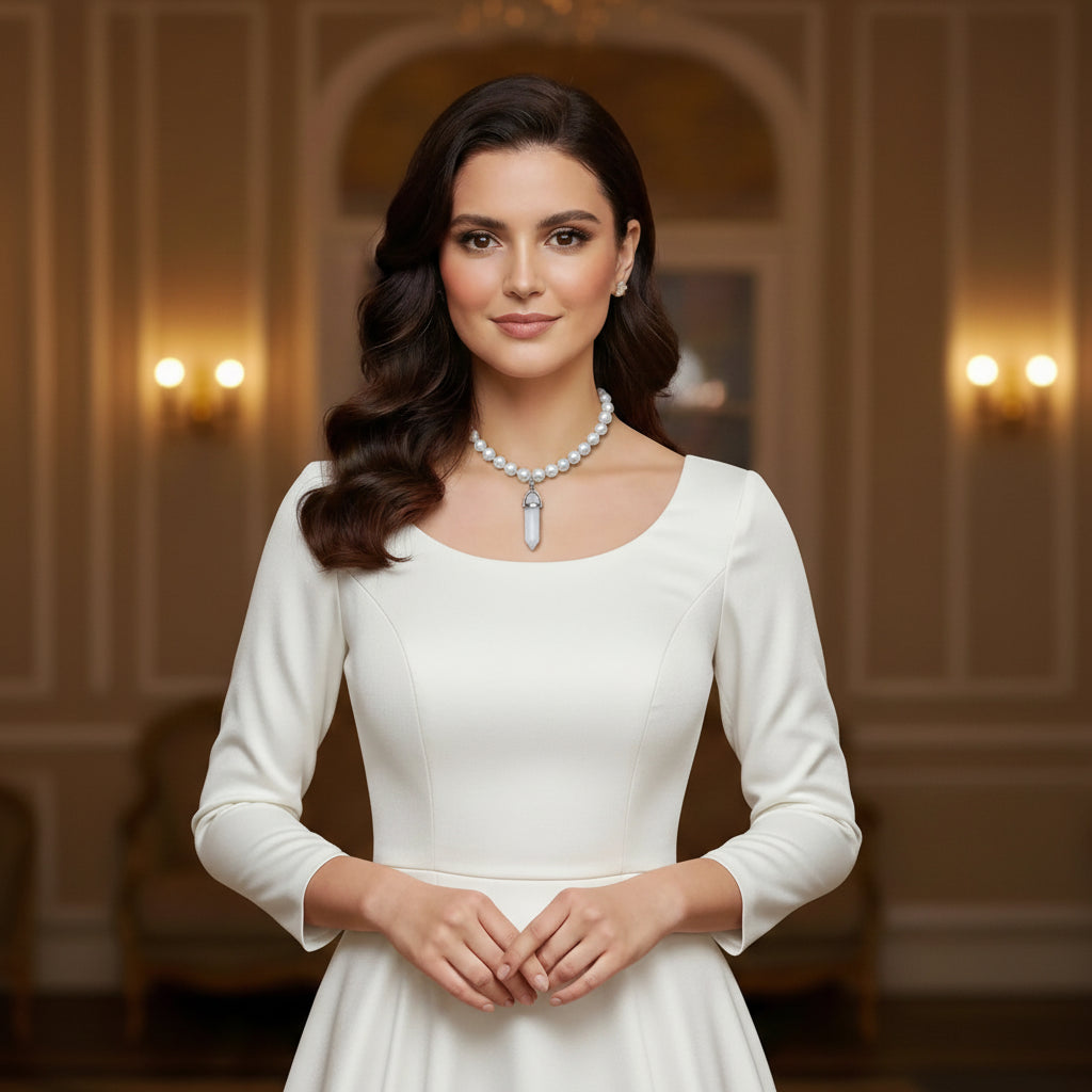 White Pearls Necklace with Hexagonal Column Marble Charm in Gift Packing