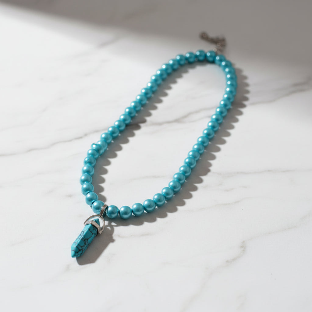 Blue Pearls Necklace with Hexagonal Column Marble Charm in Gift Packing