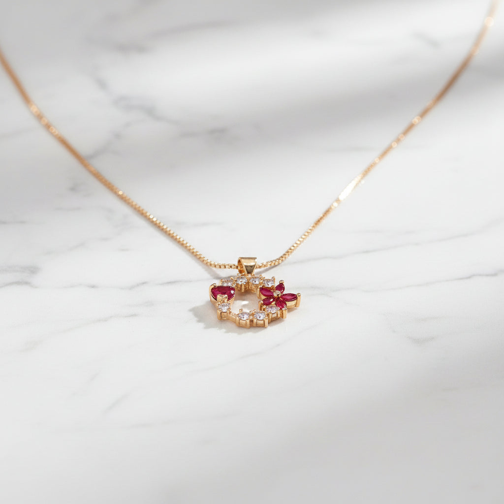 Golden with Red Heart & Flower shape Stones in Charm Locket in Gift Packing
