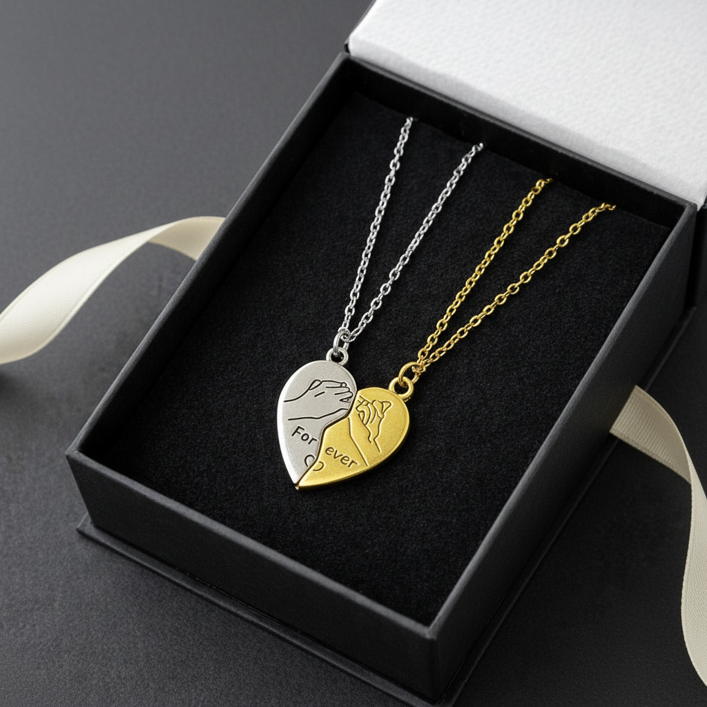 Golden-Silver Broken Heart Magnetic Charm Locket for Couples in Gift Packing