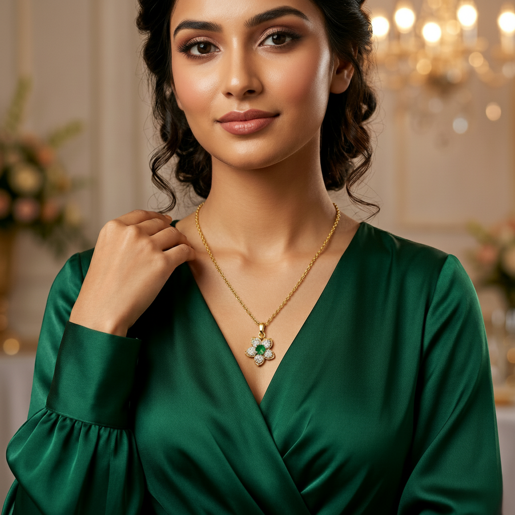 Golden Green Flower Charm Locket in Gift Packing