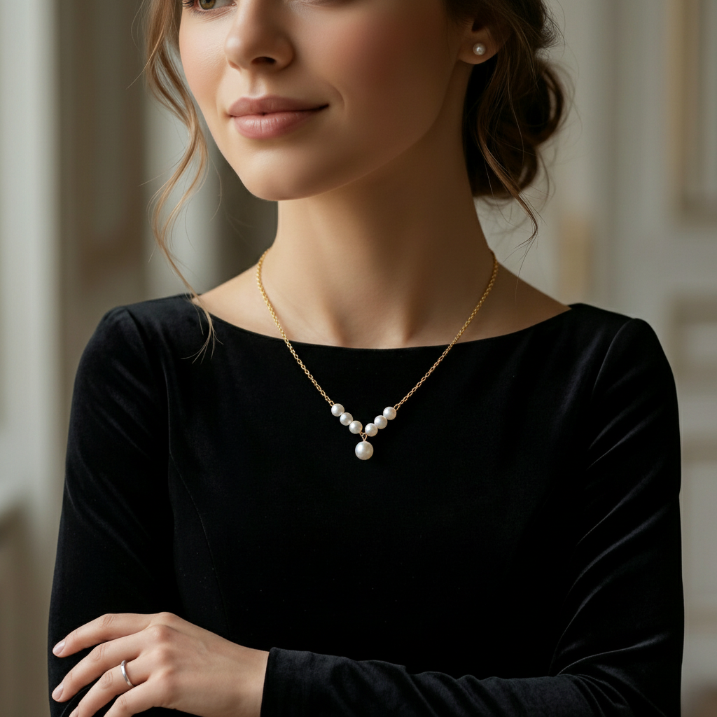 Golden Korean Design Pearl Necklacein Gift Packing