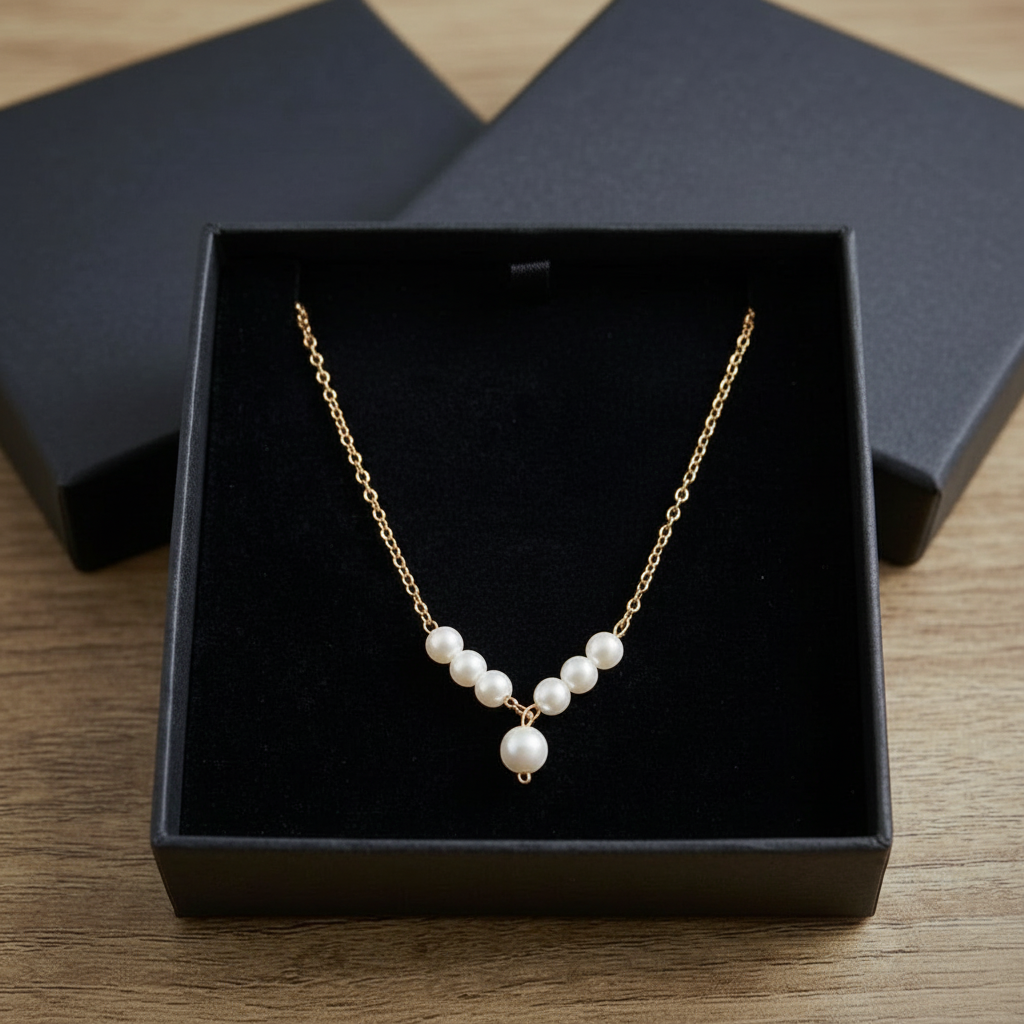 Golden Korean Design Pearl Necklacein Gift Packing