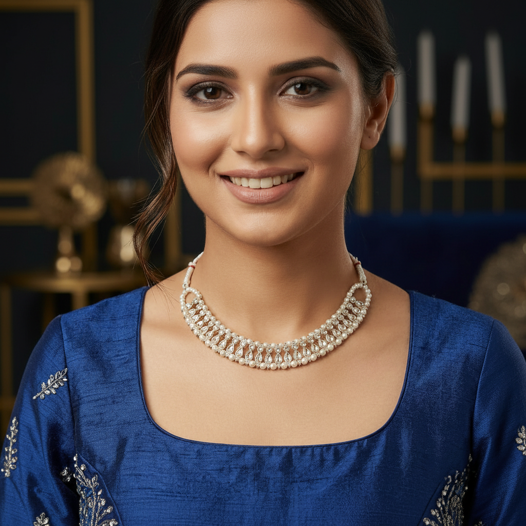 Luxury Shiny Silver with Pearls Choker Necklace in Gift Packing