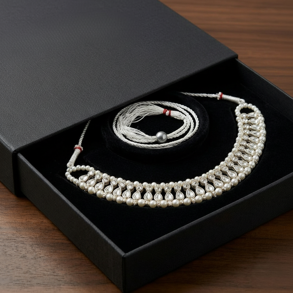 Luxury Shiny Silver with Pearls Choker Necklace in Gift Packing