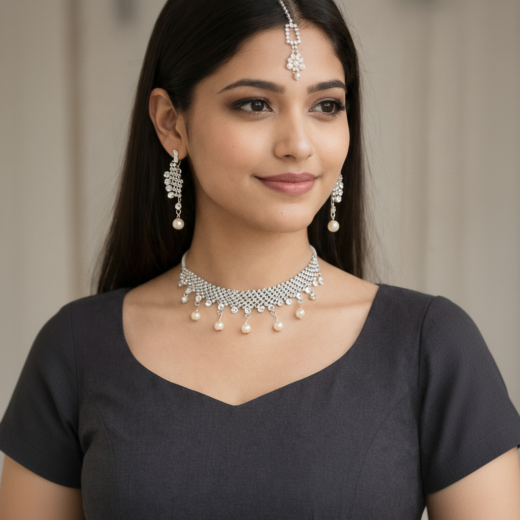 Silver Metallic Necklace, Earrings & Maang tika with Beads & Pearls in Gift Packing