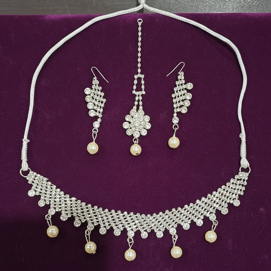 Silver Metallic Necklace, Earrings & Maang tika with Beads & Pearls in Gift Packing
