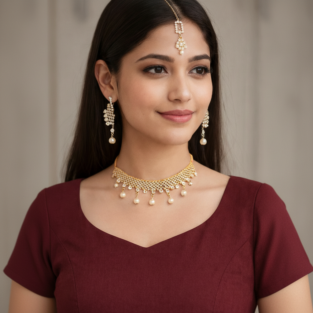 Golden Metallic Necklace, Earrings & Maang tika with Beads & Pearls in Gift Packing