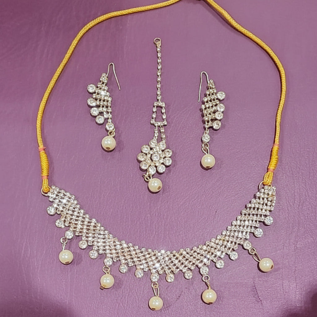 Golden Metallic Necklace, Earrings & Maang tika with Beads & Pearls in Gift Packing