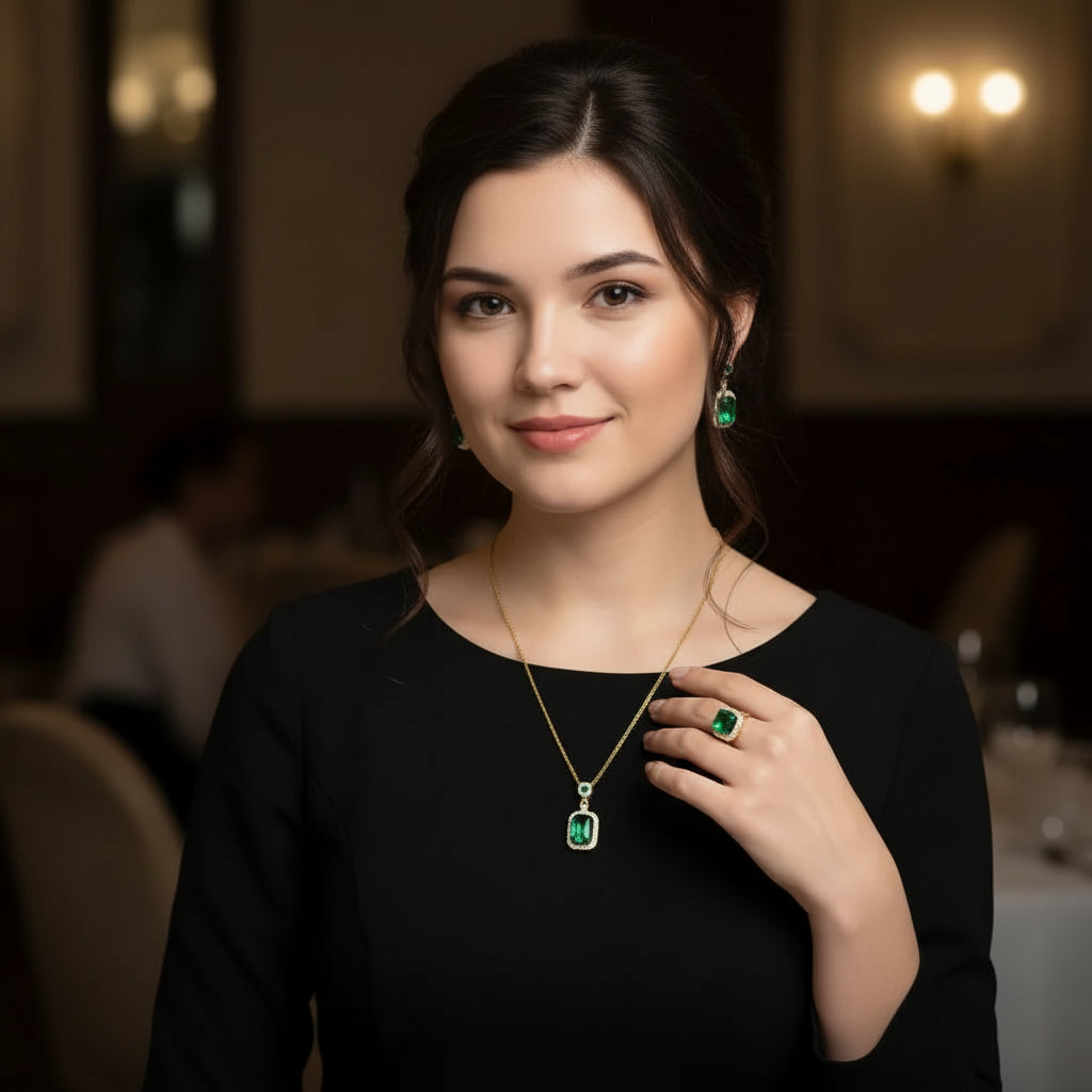 4-Pcs Set of Emerald Green Crystal Necklace with Earrings & Ring in Gift Packing