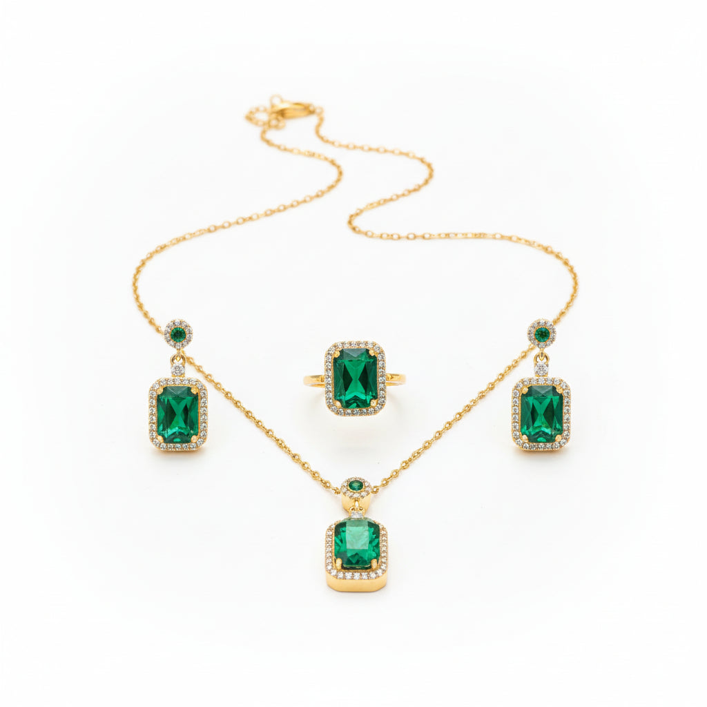 4-Pcs Set of Emerald Green Crystal Necklace with Earrings & Ring in Gift Packing