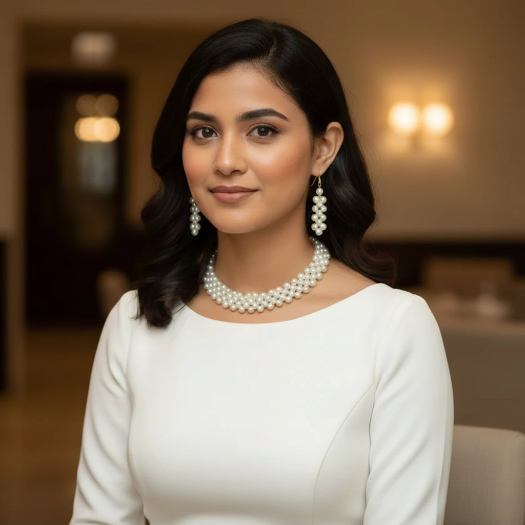 Set of Stylish Pearl Necklace with Earrings in Gift Packing
