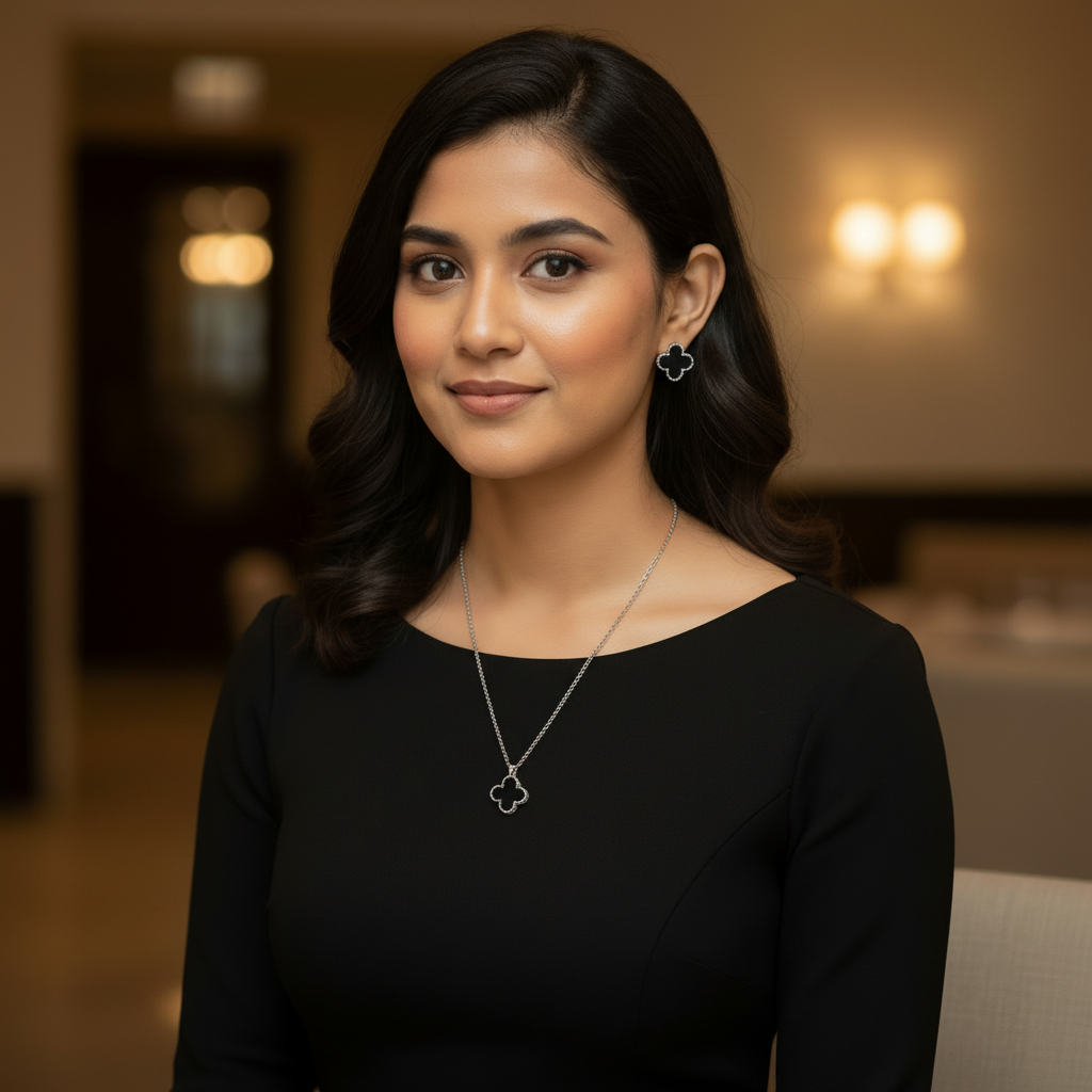 3-PCs Set of Silver-Black Four Leaves Clover Locket with Earrings in Gift Packing