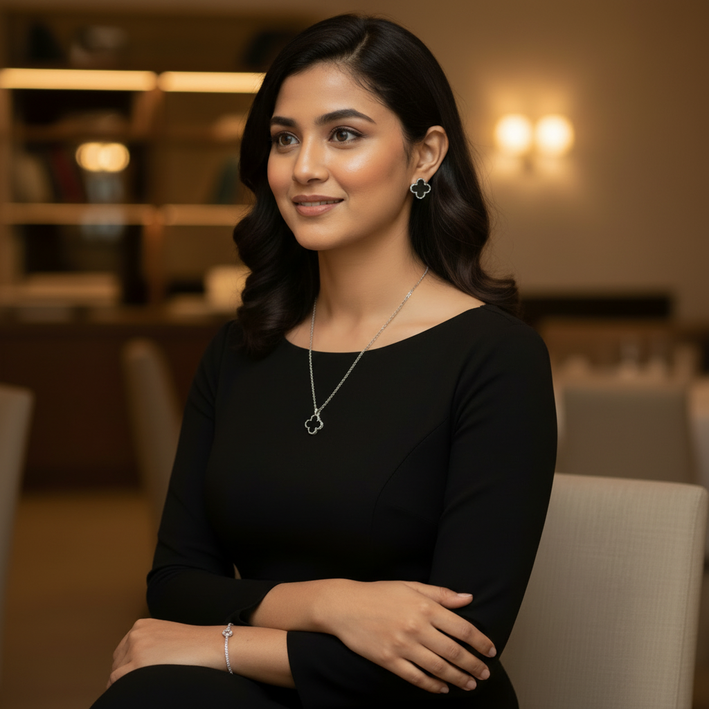 3-PCs Set of Silver-Black Four Leaves Clover Locket with Earrings in Gift Packing