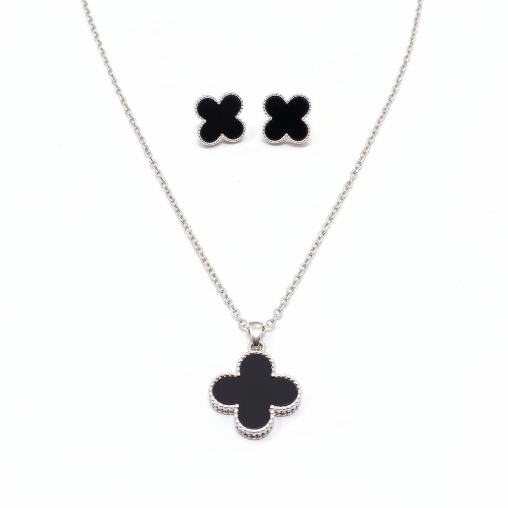 3-PCs Set of Silver-Black Four Leaves Clover Locket with Earrings in Gift Packing