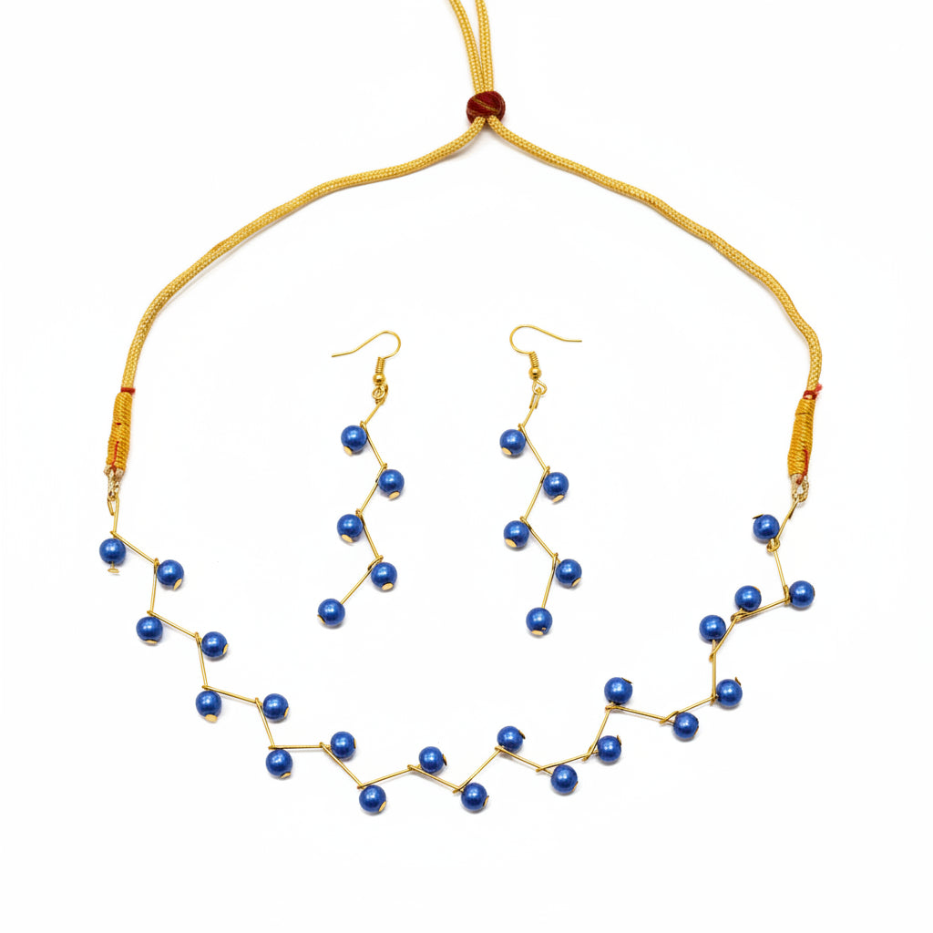 3-Pcs Set of Elegant Dark Blue Zigzag Necklace with Earrings in Gift Packing