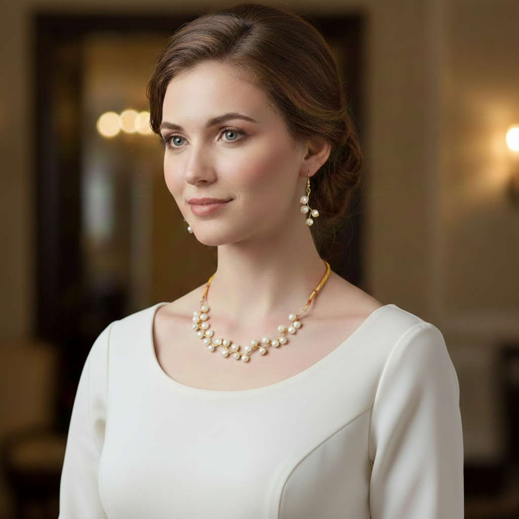 3-Pcs Set of White Zigzag Necklace with Earrings in Gift Packing