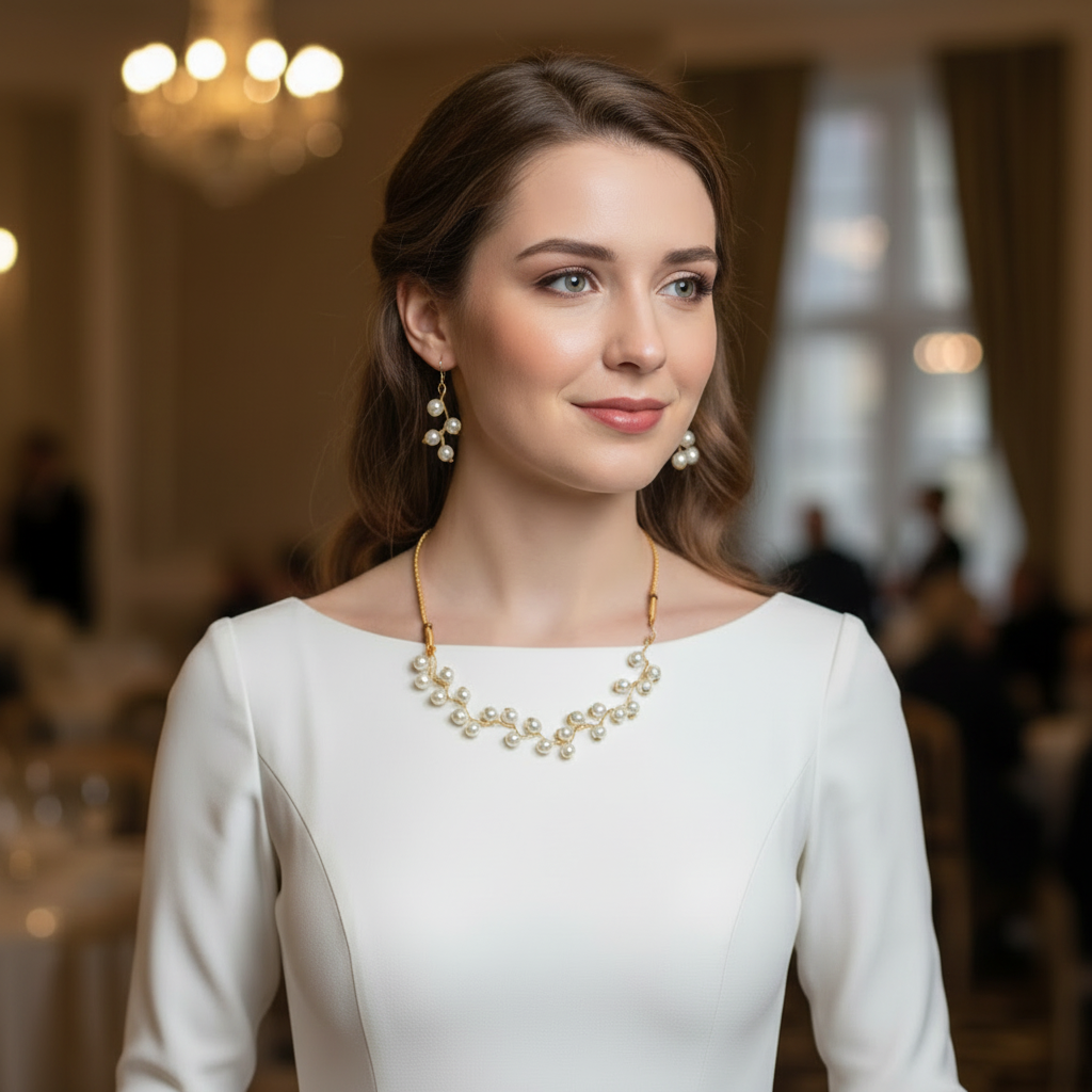 3-Pcs Set of White Zigzag Necklace with Earrings in Gift Packing