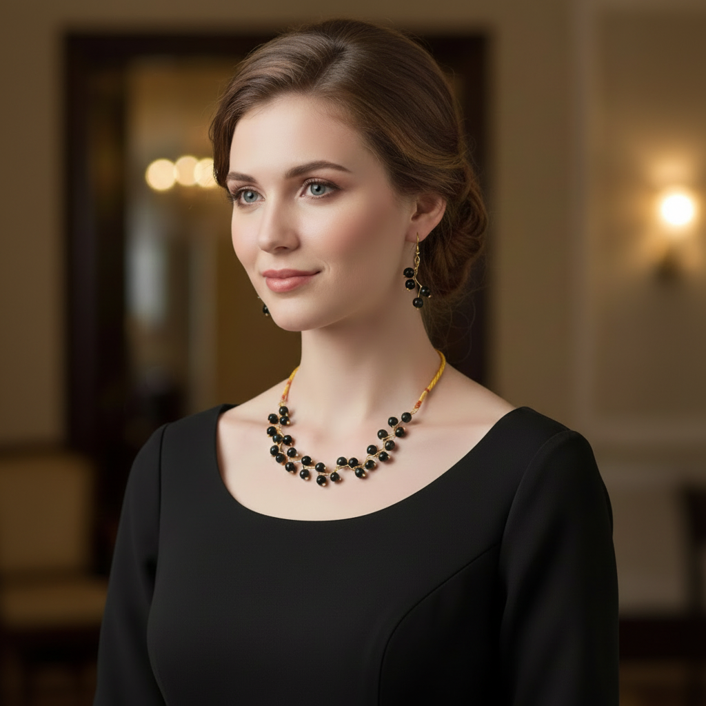 3-Pcs Set of Black Zigzag Necklace with Earrings in Gift Packing