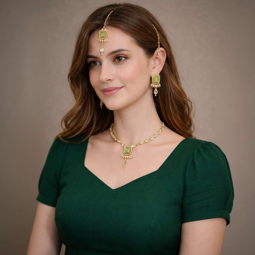4-Pcs Set of Elegant Necklace, Earrings & Maang tika with Green Crystal Beads in Gift Packing