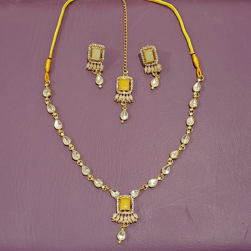 4-Pcs Set of Elegant Necklace, Earrings & Maang tika with Green Crystal Beads in Gift Packing