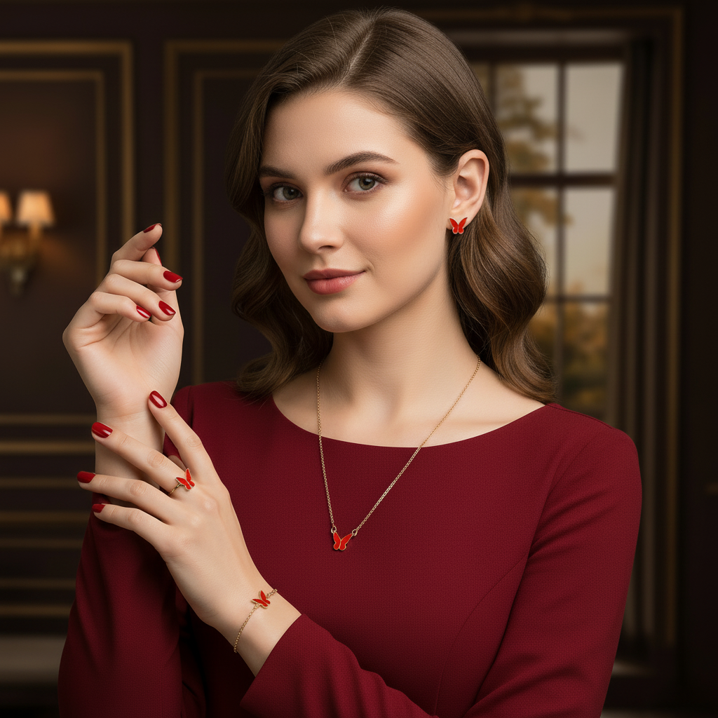 5-Pieces Set of Golden-Red Butterfly Locket with Bracelets, Earrings & Ring in Gift Packing
