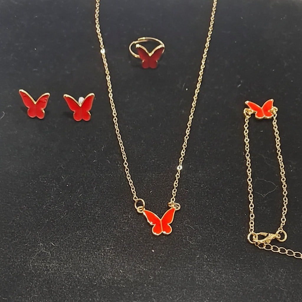 5-Pieces Set of Golden-Red Butterfly Locket with Bracelets, Earrings & Ring in Gift Packing