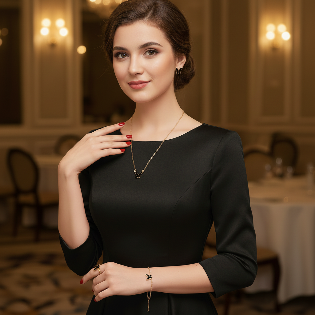 5-Pieces Set of Golden-Black Butterfly Locket with Bracelets, Earrings & Ring in Gift Packing